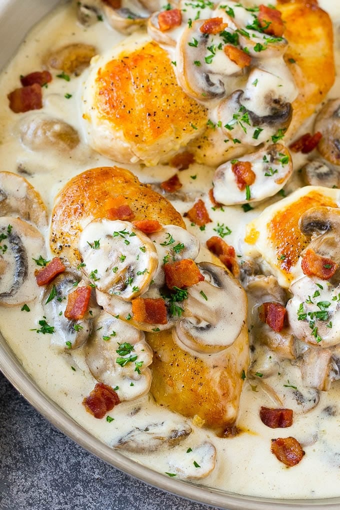 A skillet of mushroom chicken in a creamy sauce, topped with bacon and herbs.