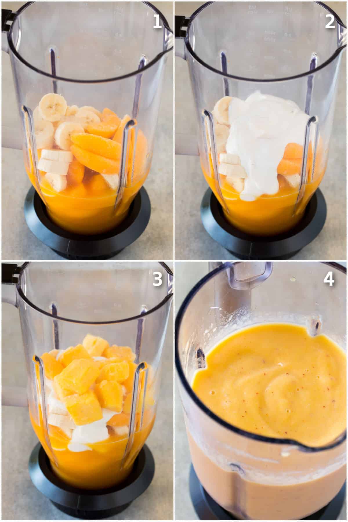 Step by step shots showing how to make a smoothie.