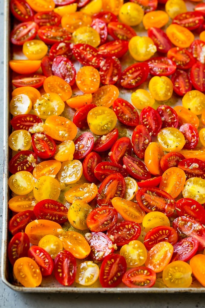 Cherry tomatoes coated in garlic, olive oil and herbs.