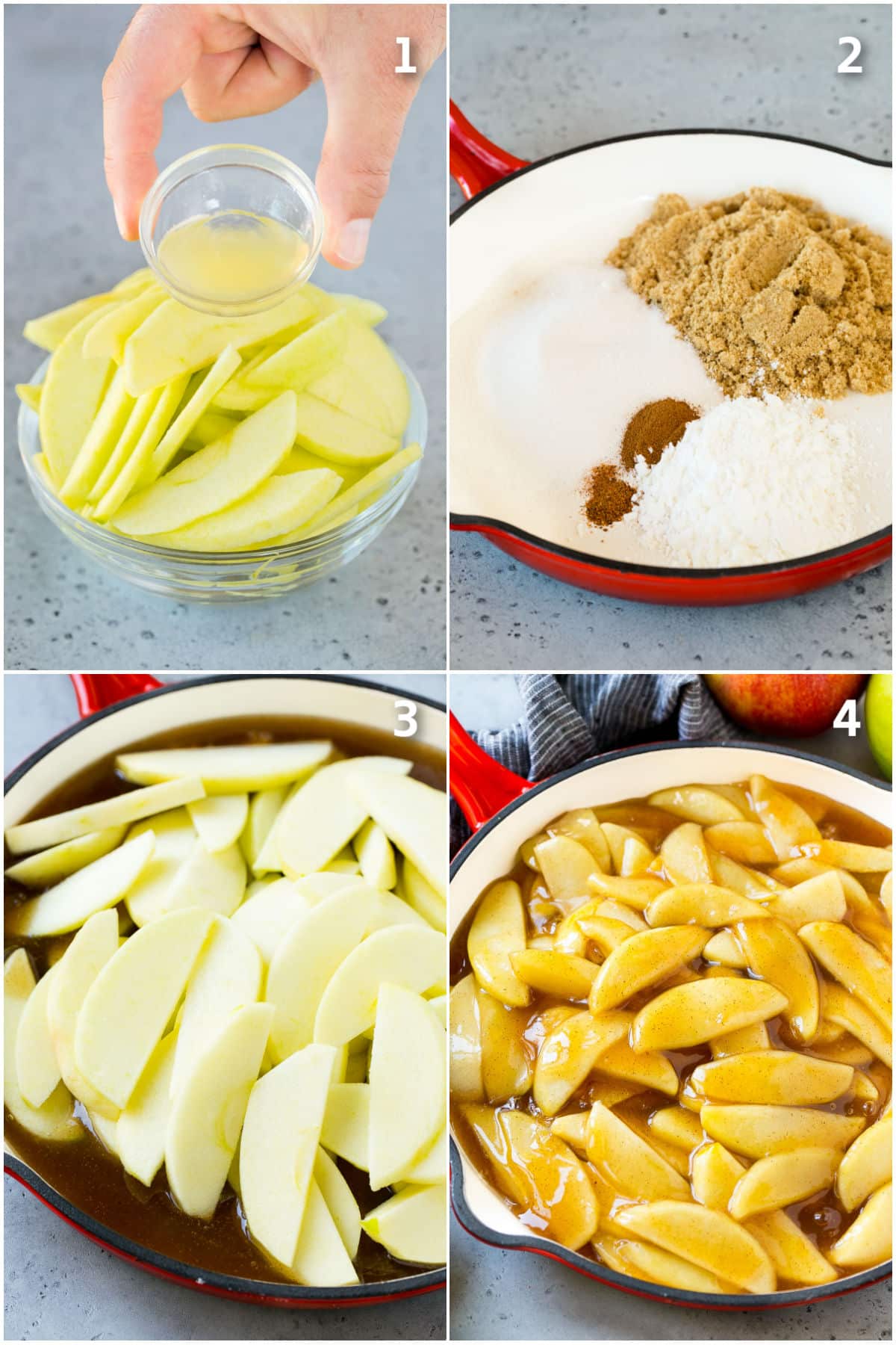 Step by step process shots showing how to make apple pie filling.