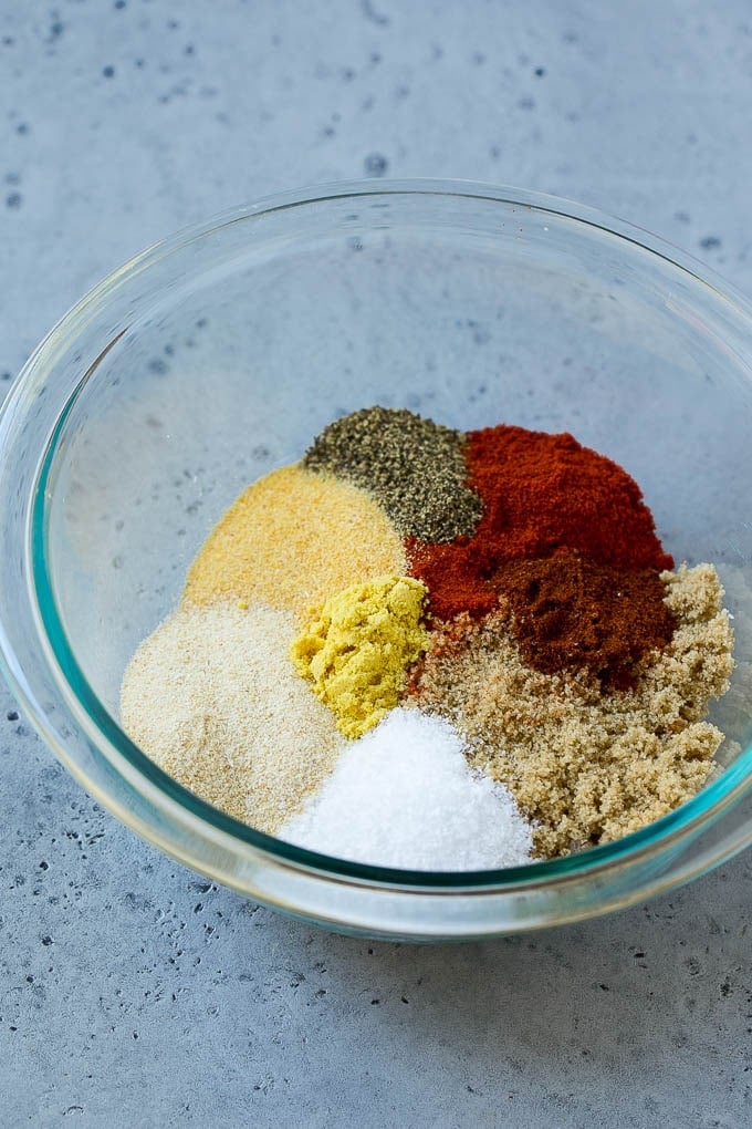 A blend of brown sugar and spices to make BBQ rub.