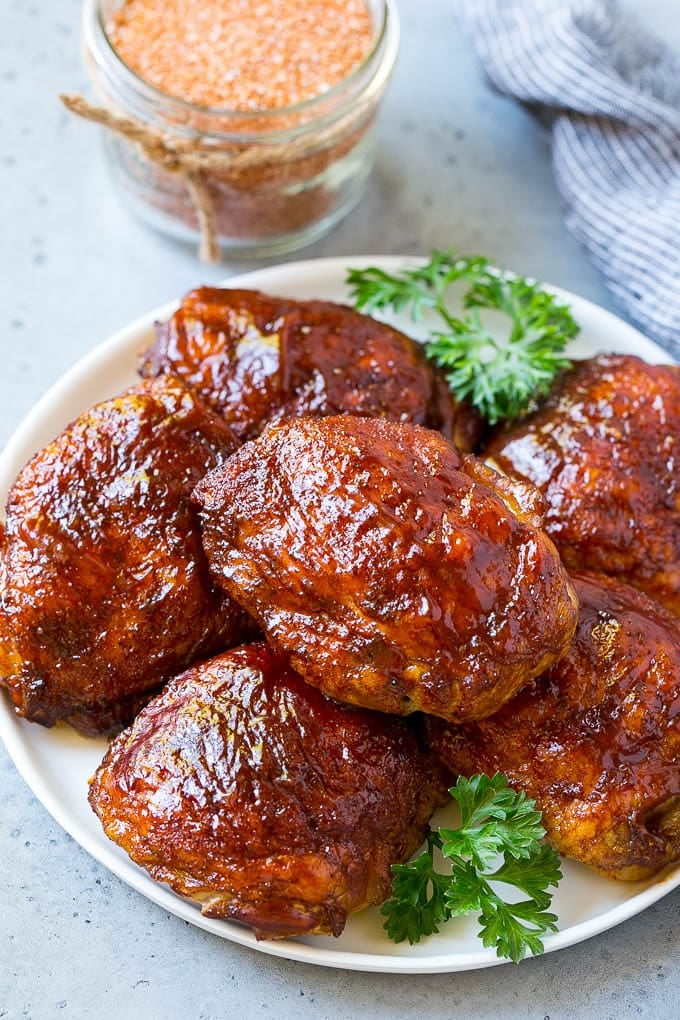 Smoked chicken thighs made with BBQ rub.