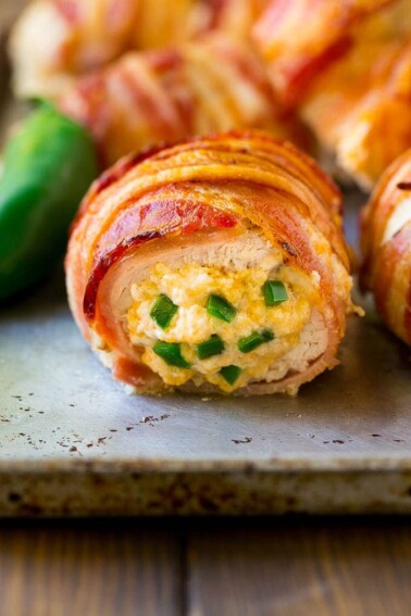 Jalapeno popper chicken stuffed with cheese and wrapped in bacon.