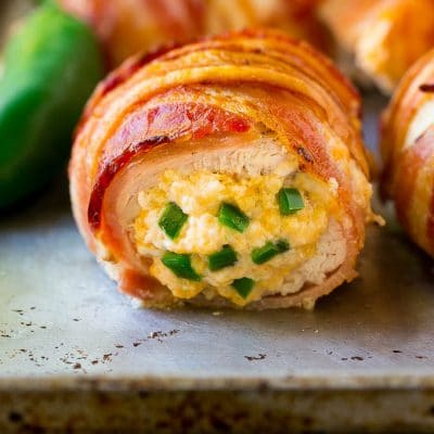 Jalapeno popper chicken stuffed with cheese and wrapped in bacon.
