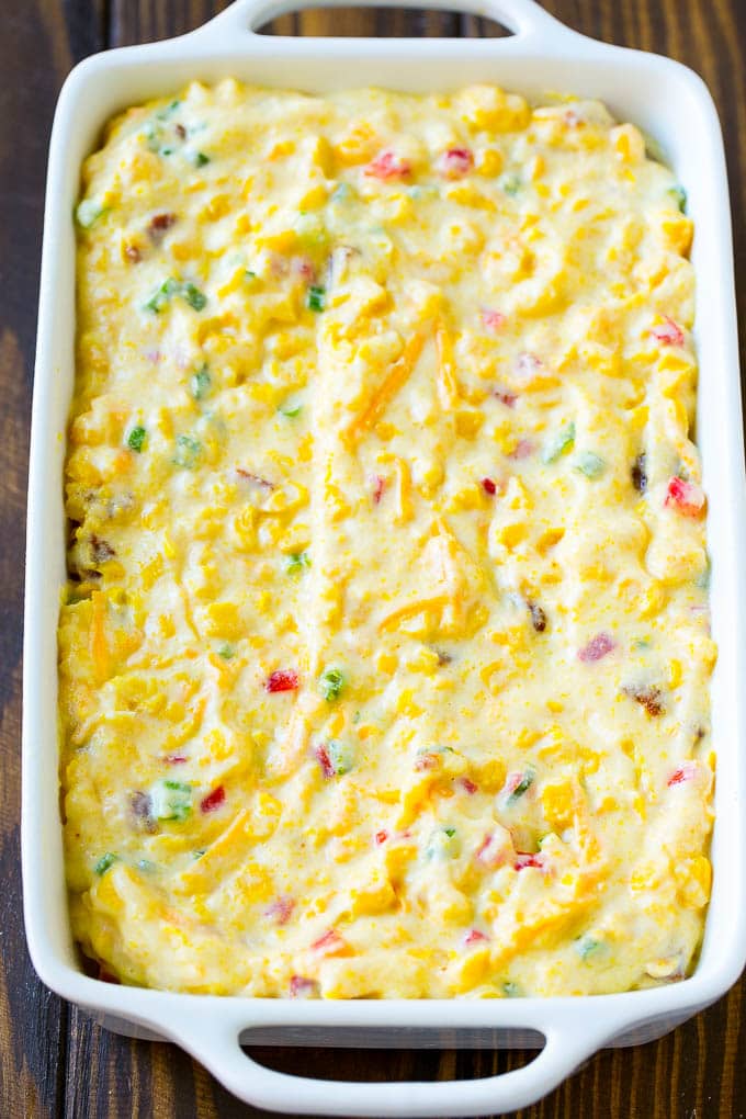 Uncooked batter in a baking dish.