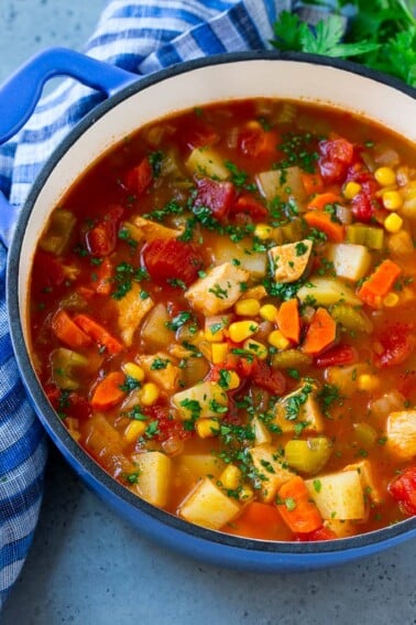 A pot of Mexican chicken soup with colorful veggies and potatoes, all topped with cilantro.