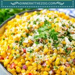 This Mexican corn salad is corn kernels and vegetables tossed in a creamy lime dressing, then topped with cotjita cheese.