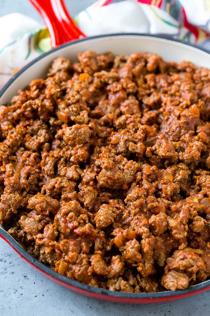 Seasoned Mexican ground beef in a skillet.