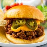 Nacho sloppy joes with ground beef, cheese sauce and jalapenos.