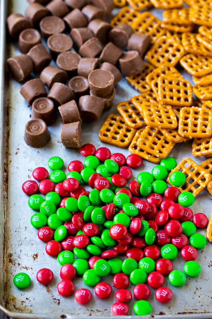 M&M's, pretzels and Rolo candies.