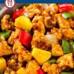 This sweet and sour chicken is full of crispy chicken, fresh pineapple and bell peppers, all tossed in a sweet and savory sauce.