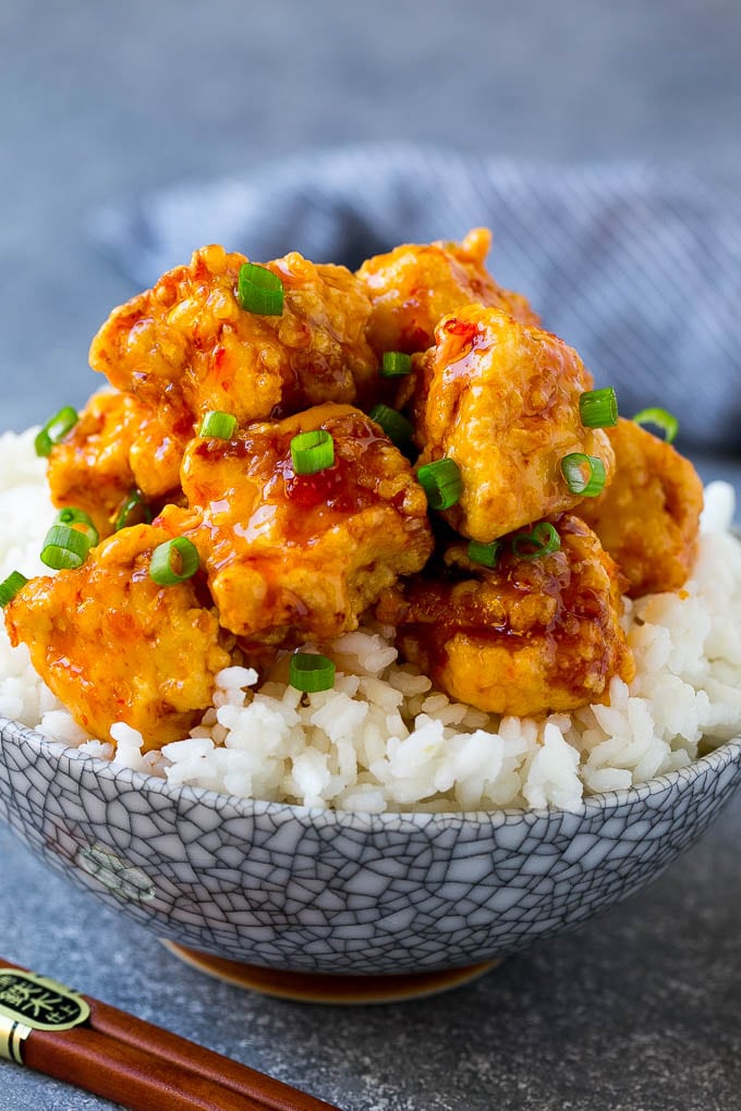 Sweet chili chicken served over steamed rice.