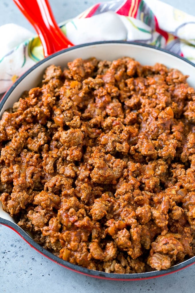 Ground beef taco meat in a skillet.