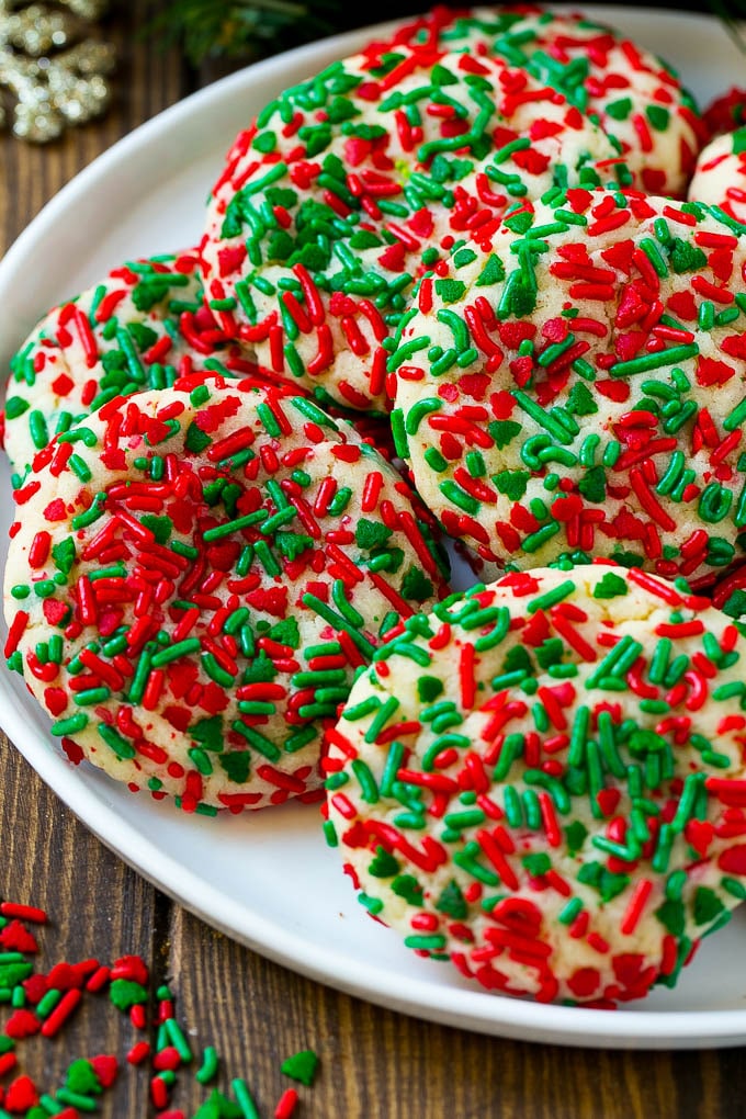 Cake mix cookies with sprinkles on a serving plate.