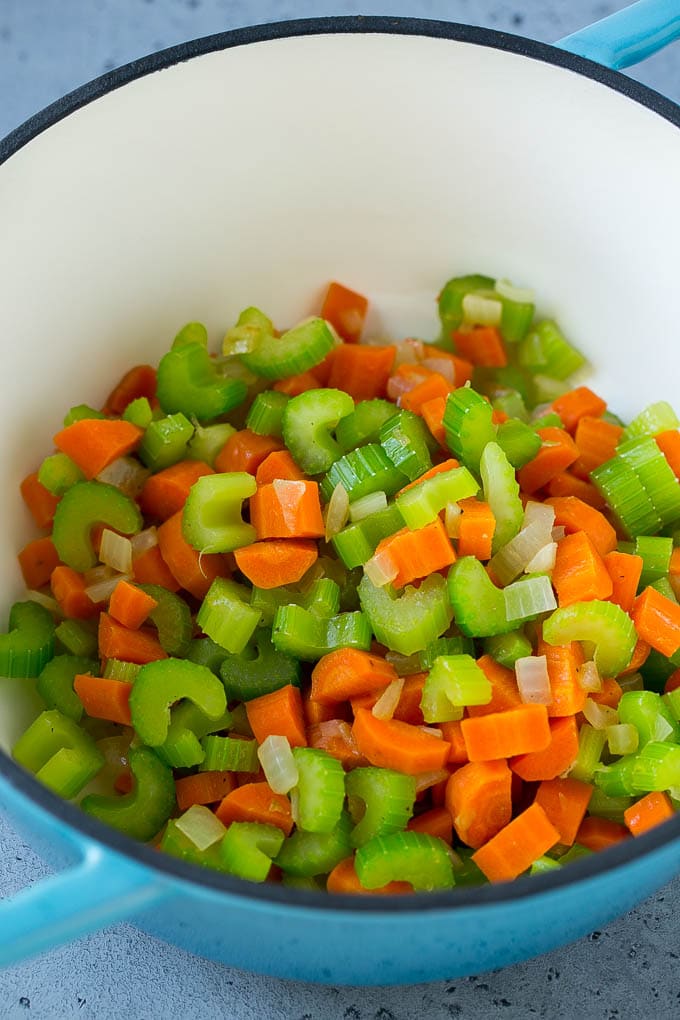 Celery, carrots and onion in a soup pot.