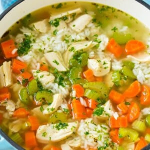 A pot of chicken and rice soup with carrots, celery, chicken breast and white rice.