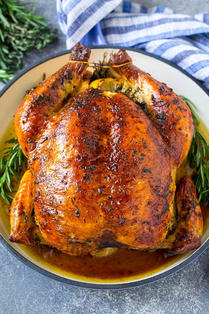 A brined roasted whole chicken.