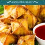 This crab rangoon recipe is real crab meat mixed with cream cheese and seasonings, then folded into wontons and cooked to golden brown perfection.