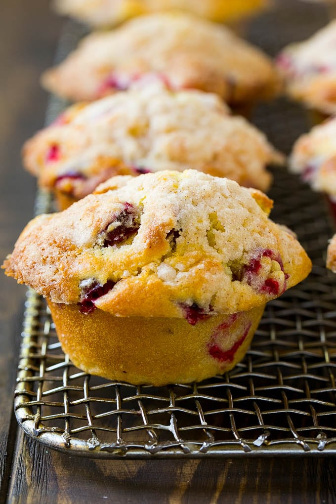 Baked cranberry muffins topped with streusel.