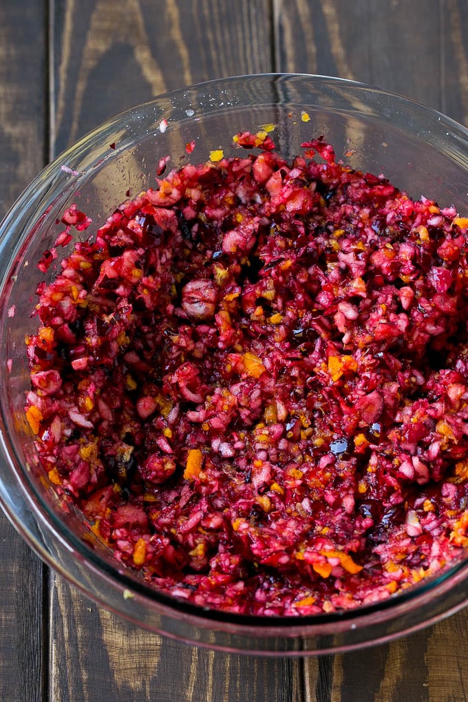 Cranberry relish in a mixing bowl.