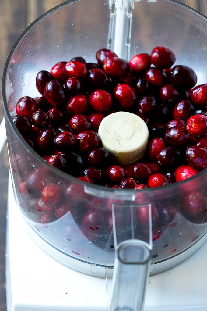 Cranberries in a food processor.