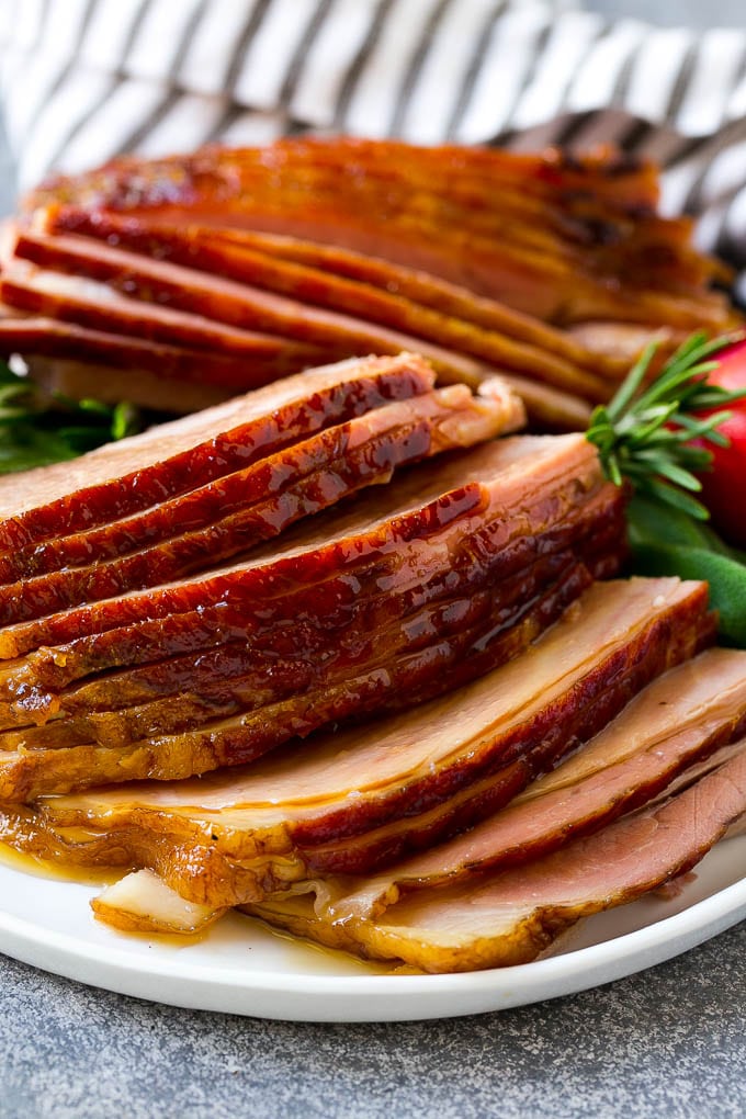 Sliced crock pot ham on a serving plate.