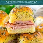 These ham and cheese sliders are Hawaiian rolls topped with plenty of sliced ham, swiss cheese and an onion poppy seed butter, then baked to gooey perfection.