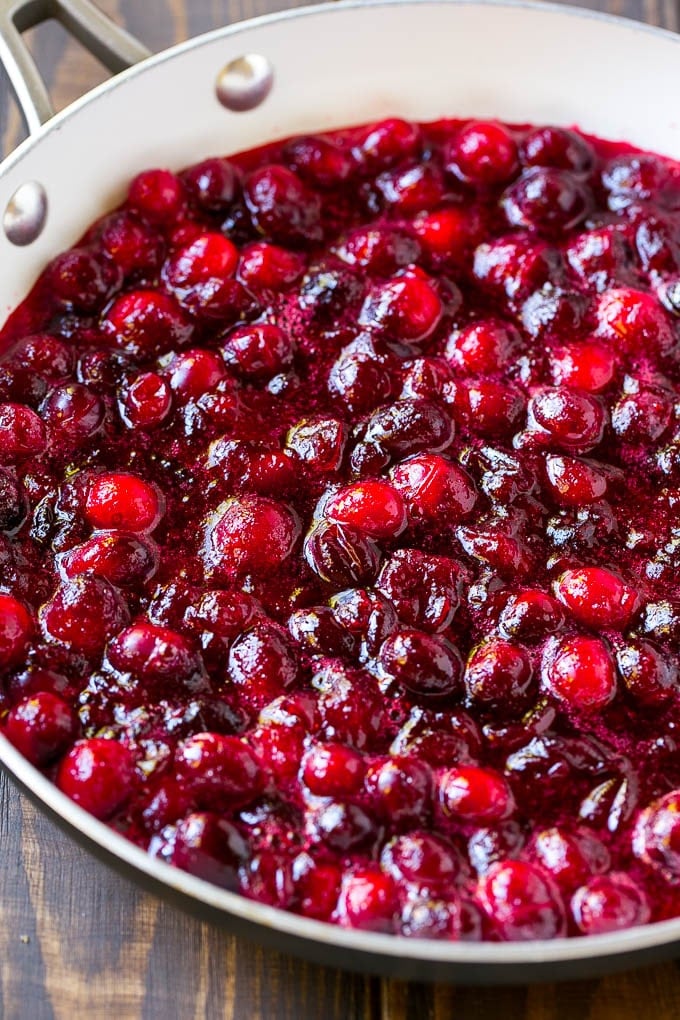 Homemade cranberry sauce in a skillet.