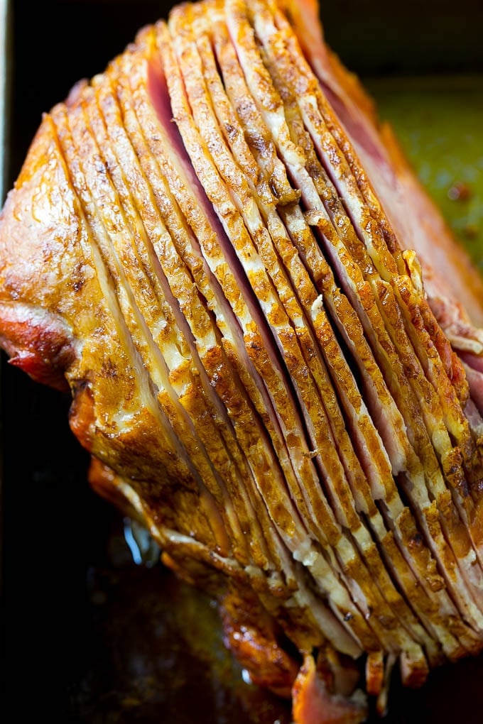 A spiral cut ham that's been baked and is ready for glaze.