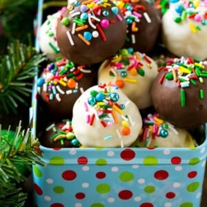 Dark and white chocolate Oreo balls in a gift tin.