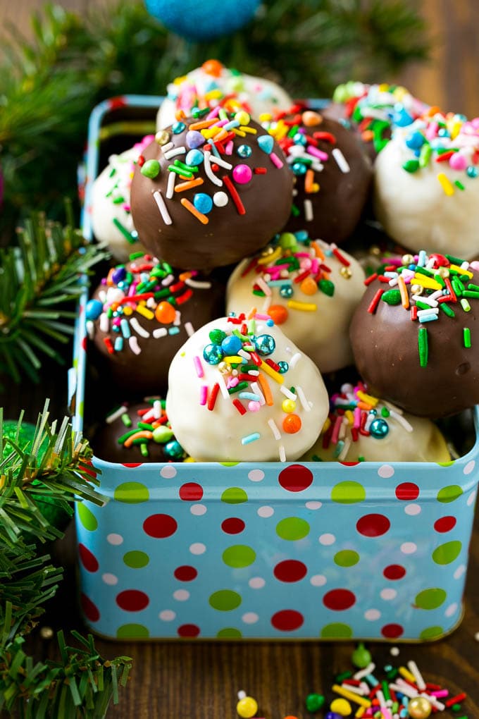 Dark and white chocolate Oreo balls in a gift tin.