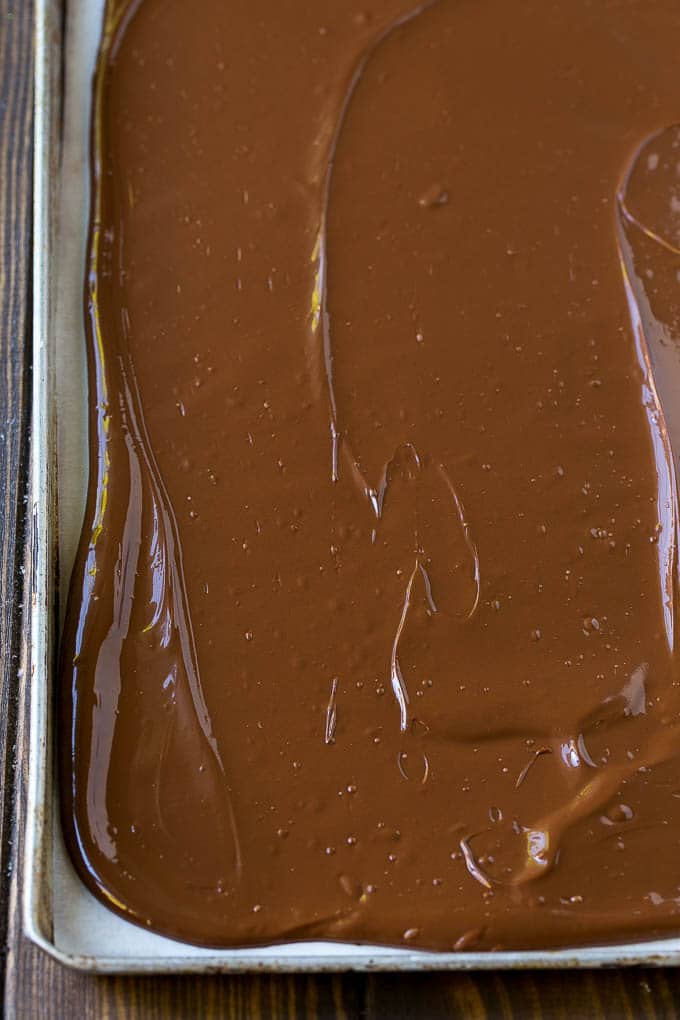 A sheet pan of melted semisweet chocolate.