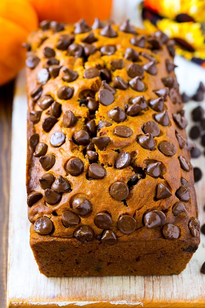 A loaf of pumpkin chocolate chip bread.