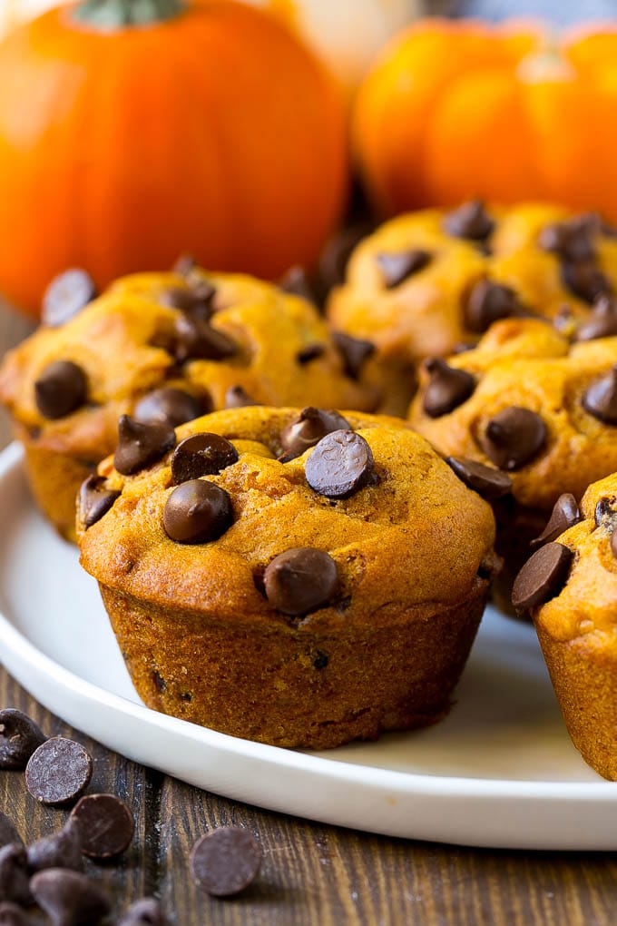 Pumpkin chocolate chip muffins on a serving plate.