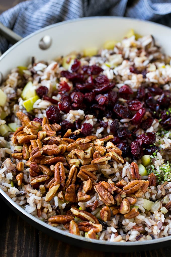 Apples and wild rice topped with dried cranberries, pecans and herbs.