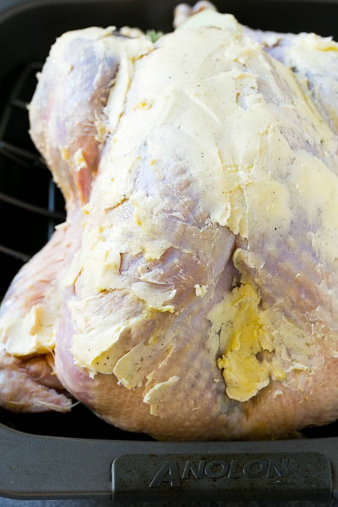 A whole raw turkey coated in seasoned butter.