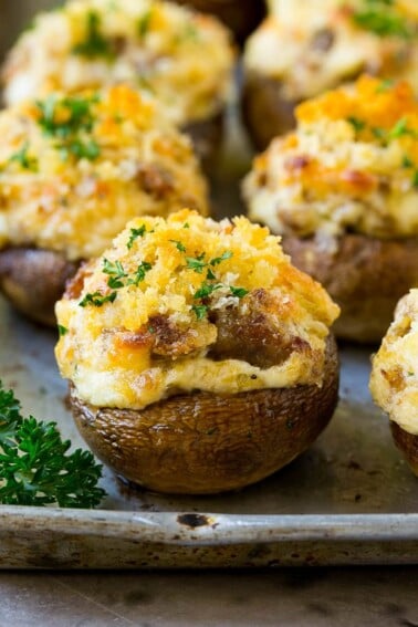 Sausage stuffed mushrooms filled with Italian sausage and three types of cheese.