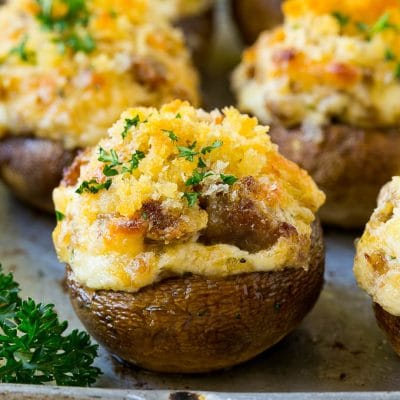 Sausage stuffed mushrooms filled with Italian sausage and three types of cheese.