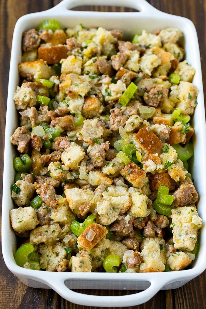 The ingredients for sausage stuffing assembled in a pan and ready to go into the oven.