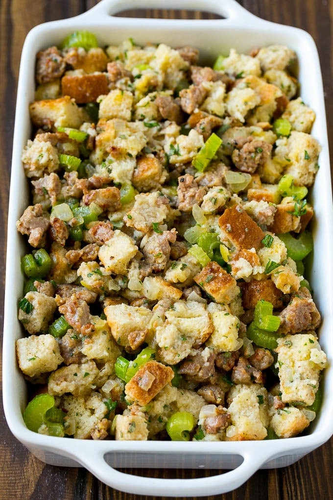 The ingredients for stuffing assembled in a pan and ready to go into the oven.