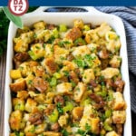 This sausage stuffing recipe is a savory blend of Italian sausage, bread, vegetables and herbs, all baked to golden brown perfection.