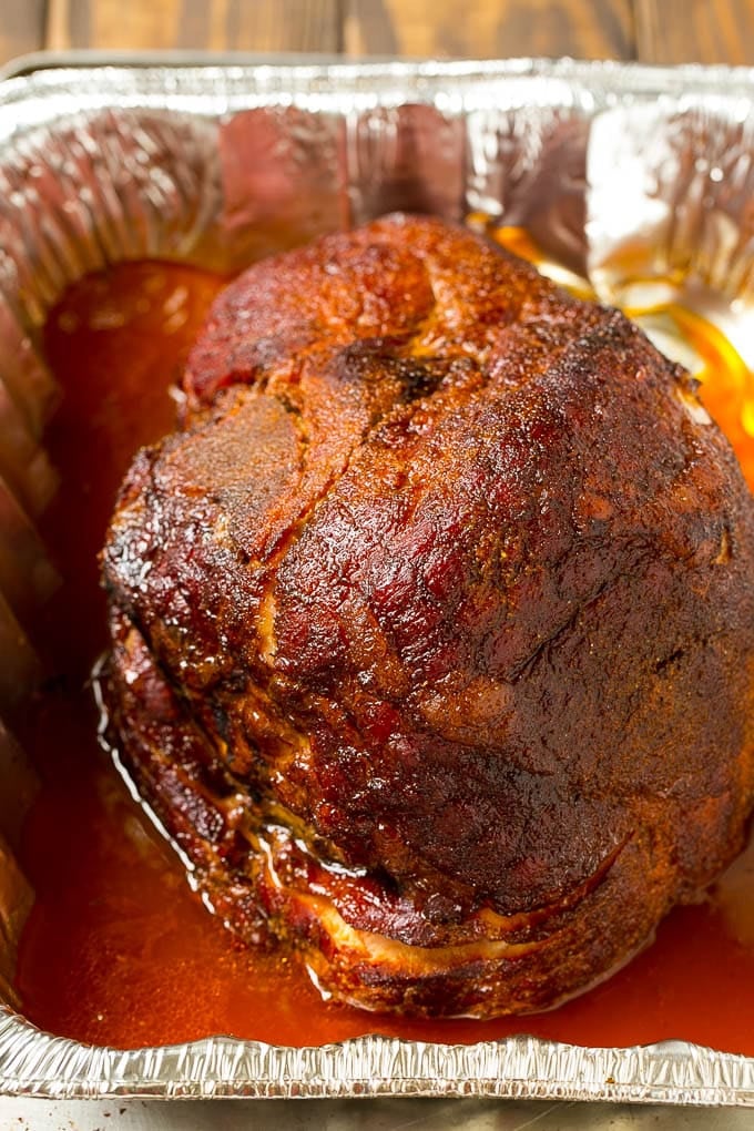 Smoked ham coated in a homemade BBQ rub.