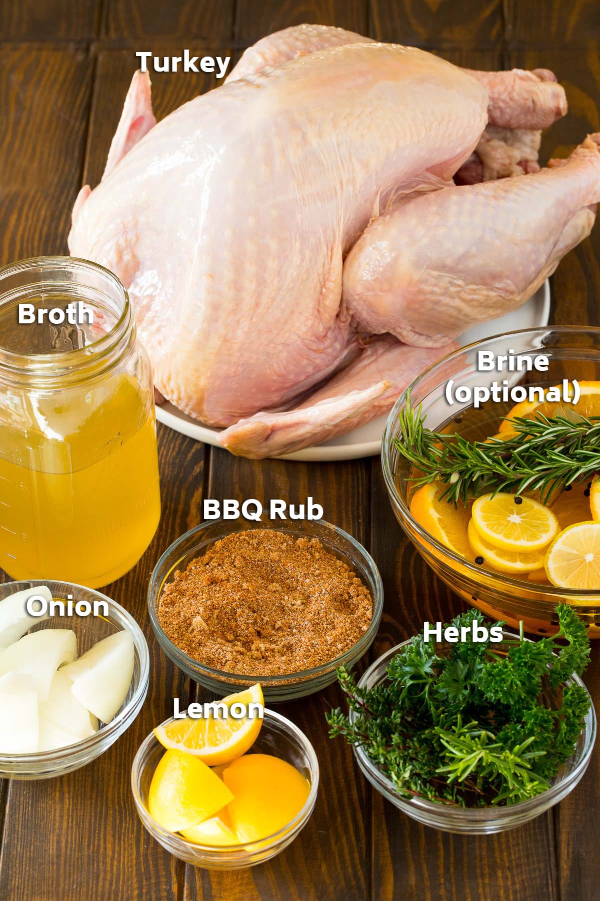 Ingredients including turkey, turkey brine, chicken broth, herbs, spice rub and lemon.