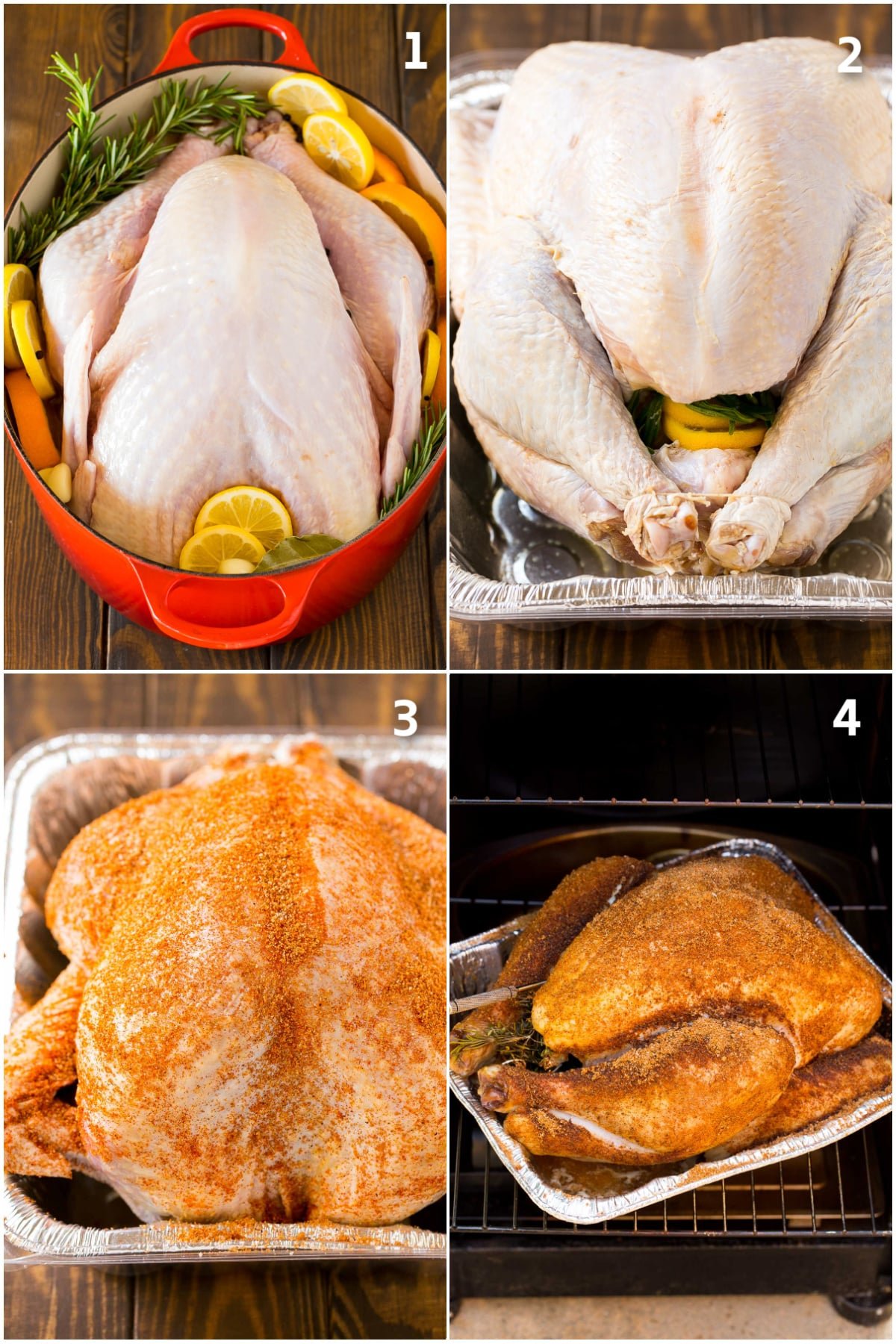 Step by step process shots showing how to smoke a turkey.