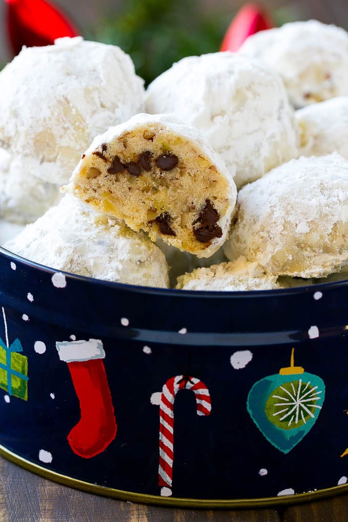 The cross section of a pecan chocolate snowball cookie.