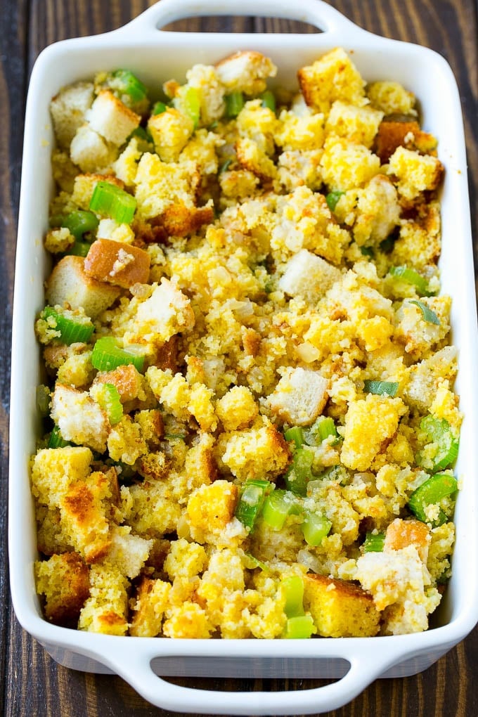 Cornbread dressing ready to go into the oven to bake.