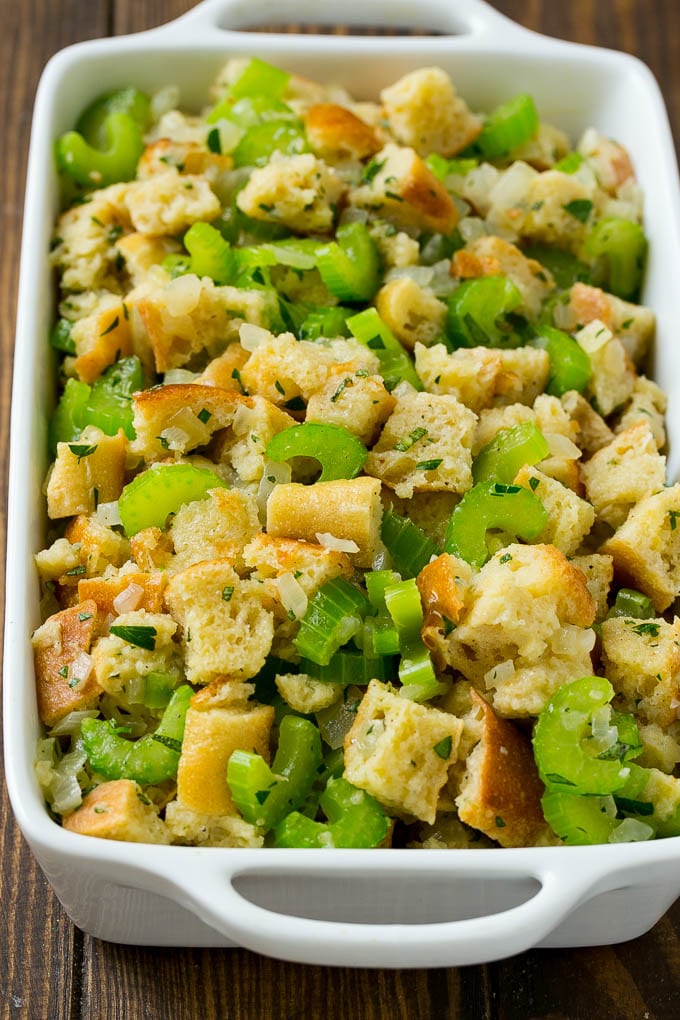 Uncooked holiday stuffing in a baking dish.