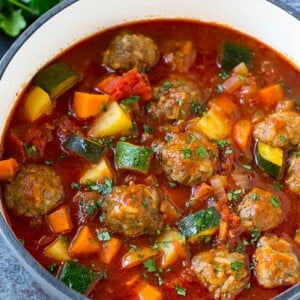 Albondigas soup made with beef meatballs, vegetables and potatoes.