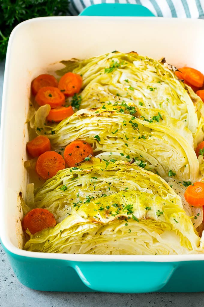 Braised cabbage, carrots and onions, topped with parsley.
