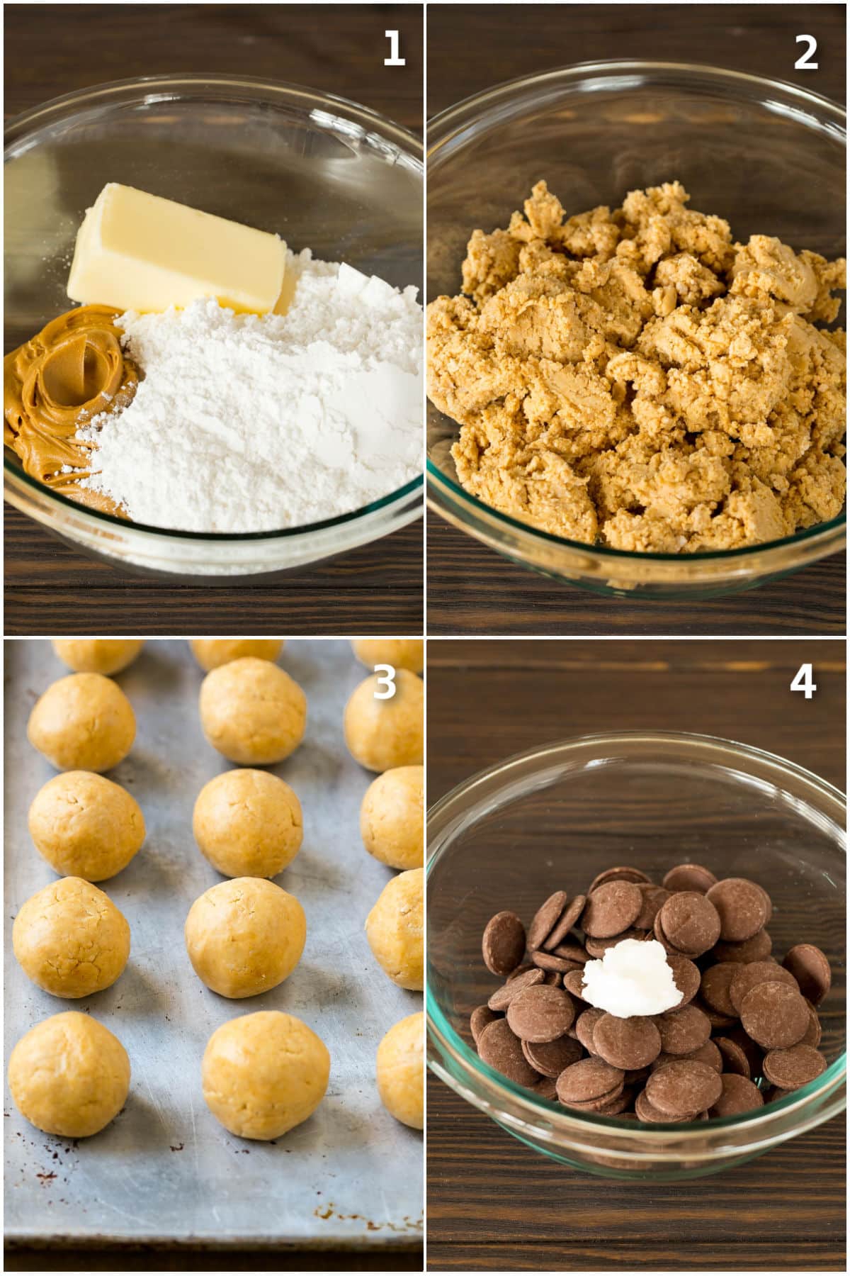 Step by step shots showing how to make buckeye balls.